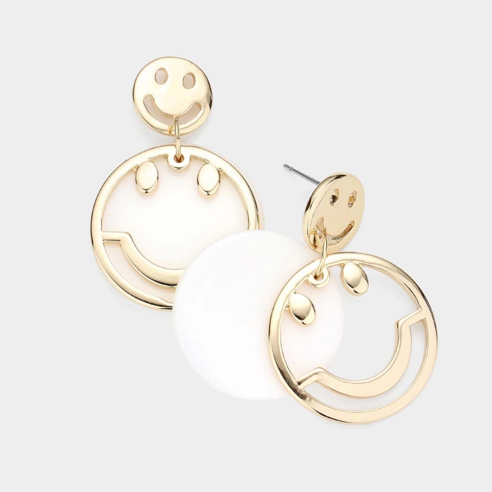 White Gold Smiley Face Dangle Earrings Layered Round Happy Cute Fun Fashion 046